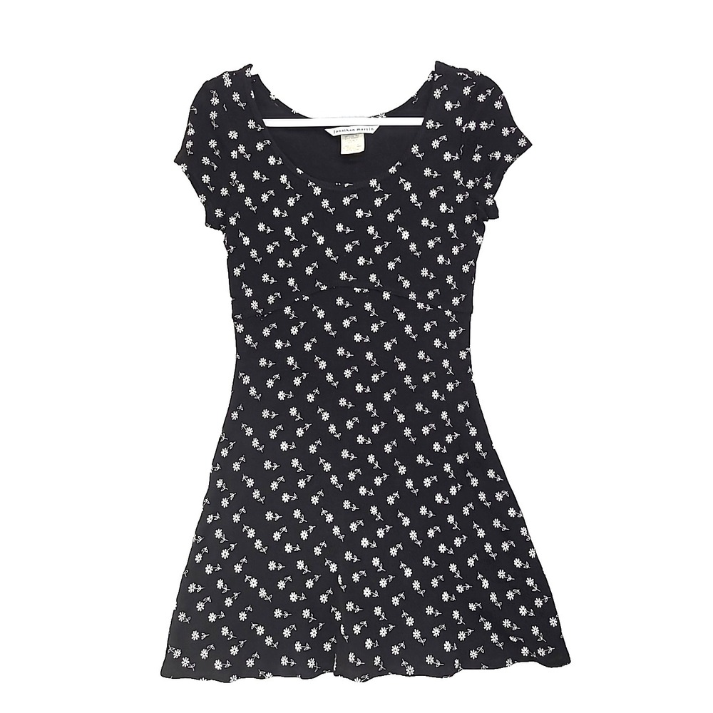 Vintage Jonathan Martin‎ DressSz 11 Black White Print Daisy Skater Dress Bodycon